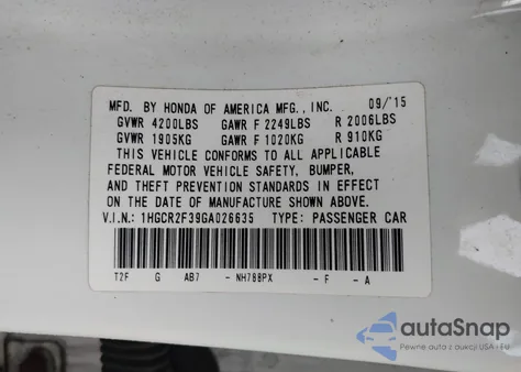 2016 Honda Accord Lx from USA, damaged, VIN 1HGCR2F39GA026635